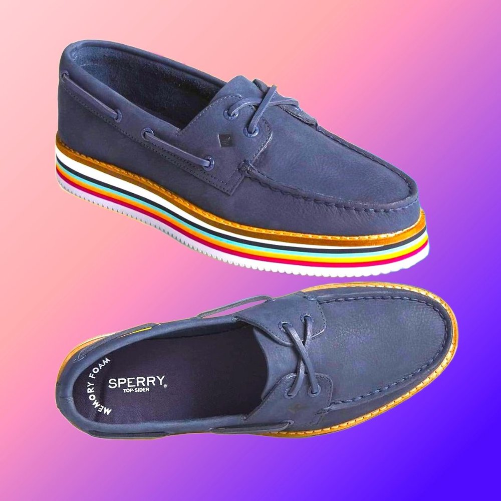 SPERRY Authentic Original Boat Shoes Rainbow Stacked Sole Leather Navy NEW Sz 9 - Picture 3 of 7